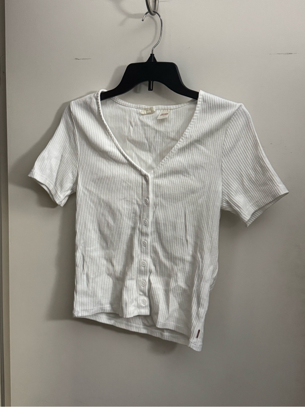 White Ribbed Button-Front Short Sleeve Top